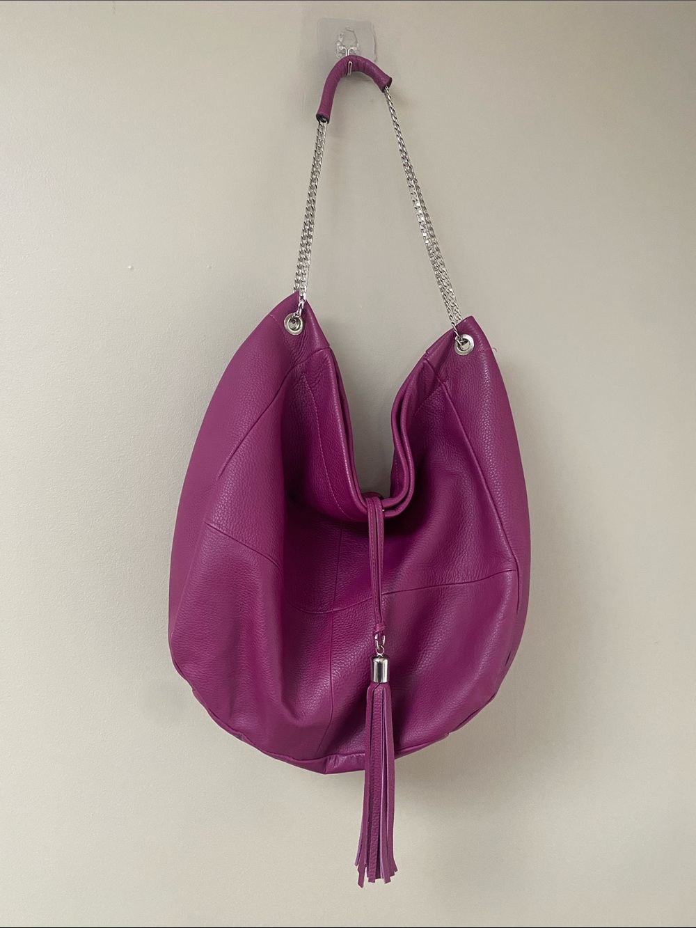 Pulicati Plum Leather Slouchy Large Hobo Bag with Tassel and Chain Strap